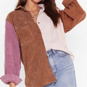 NASTY GAL Colorblock Corduroy Button-Up Shirt